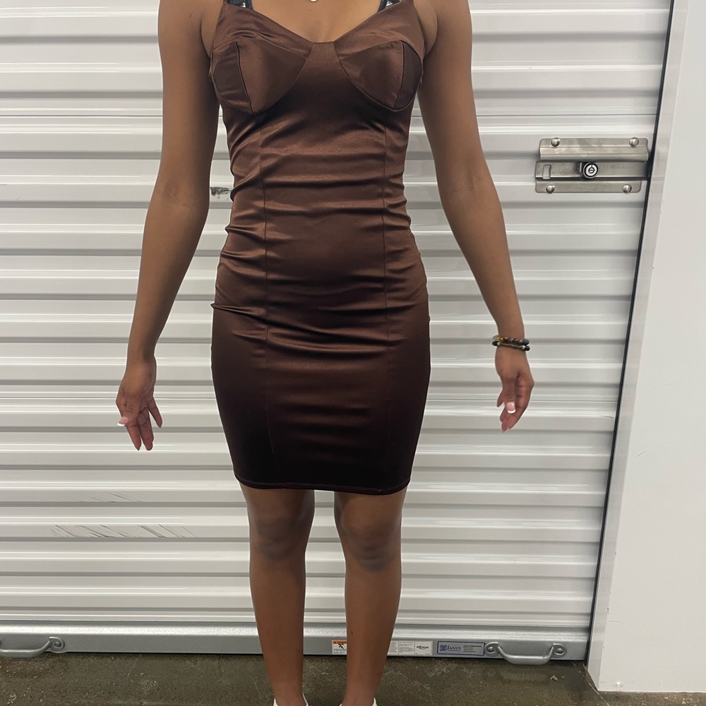 Satin Bodycon Mini Dress in Chocolate Brown